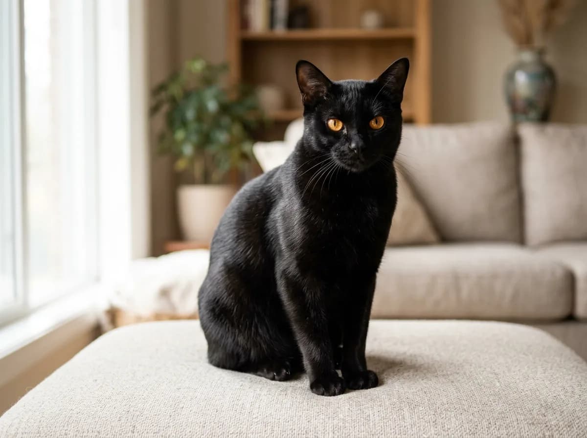 A sleek black Bombay cat with copper eyes sitting upright and looking at the camera.
