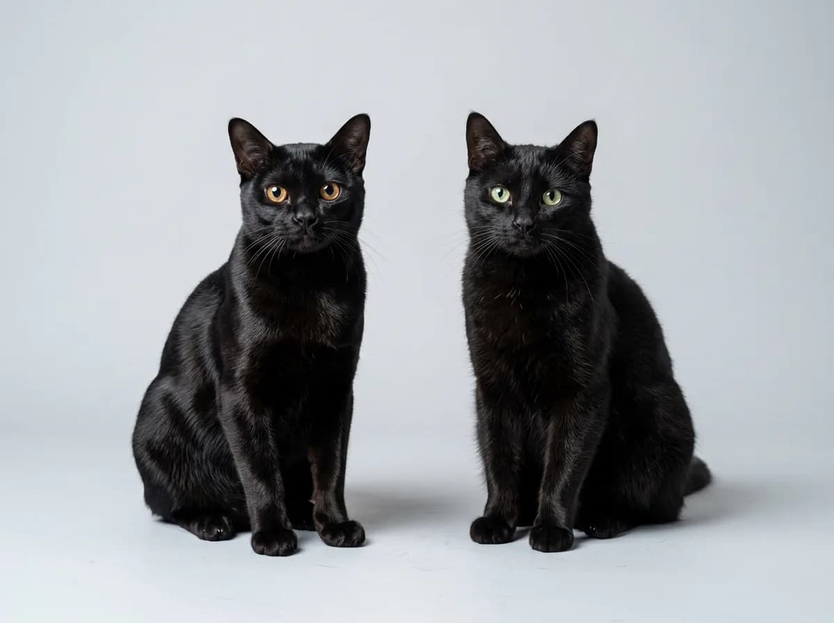 A glossy black Bombay cat with copper eyes sitting beside an ordinary green-eyed black domestic shorthair on a neutral background.