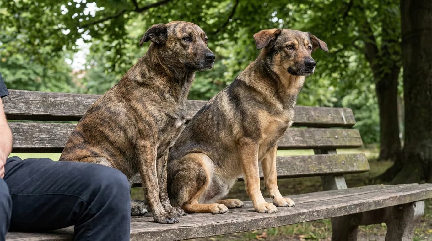 Two brindle mixed dogs sitting beside a person on a park bench