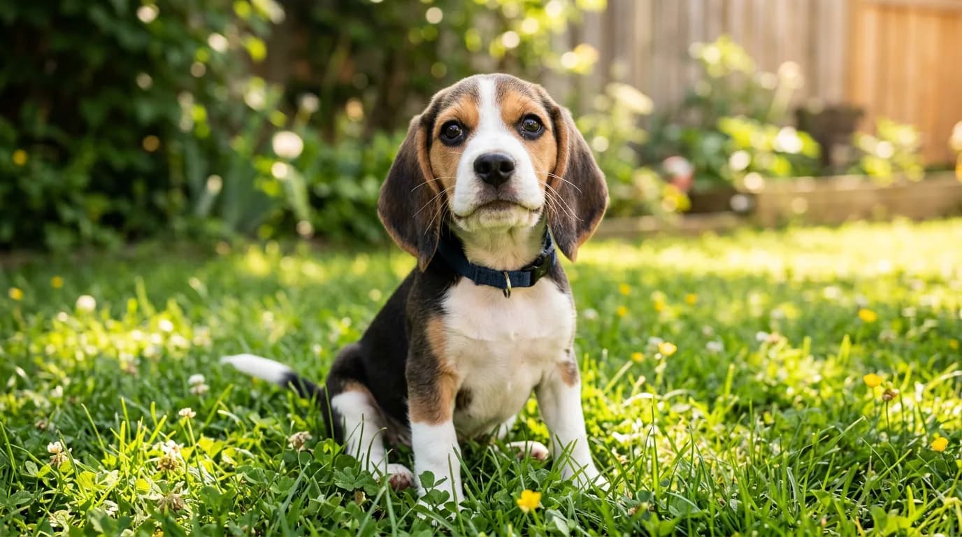 A tricolor beagle puppy sitting in green grass in a sunny backyard, ears flopped forward, looking up at the camera with a curious, merry expression
