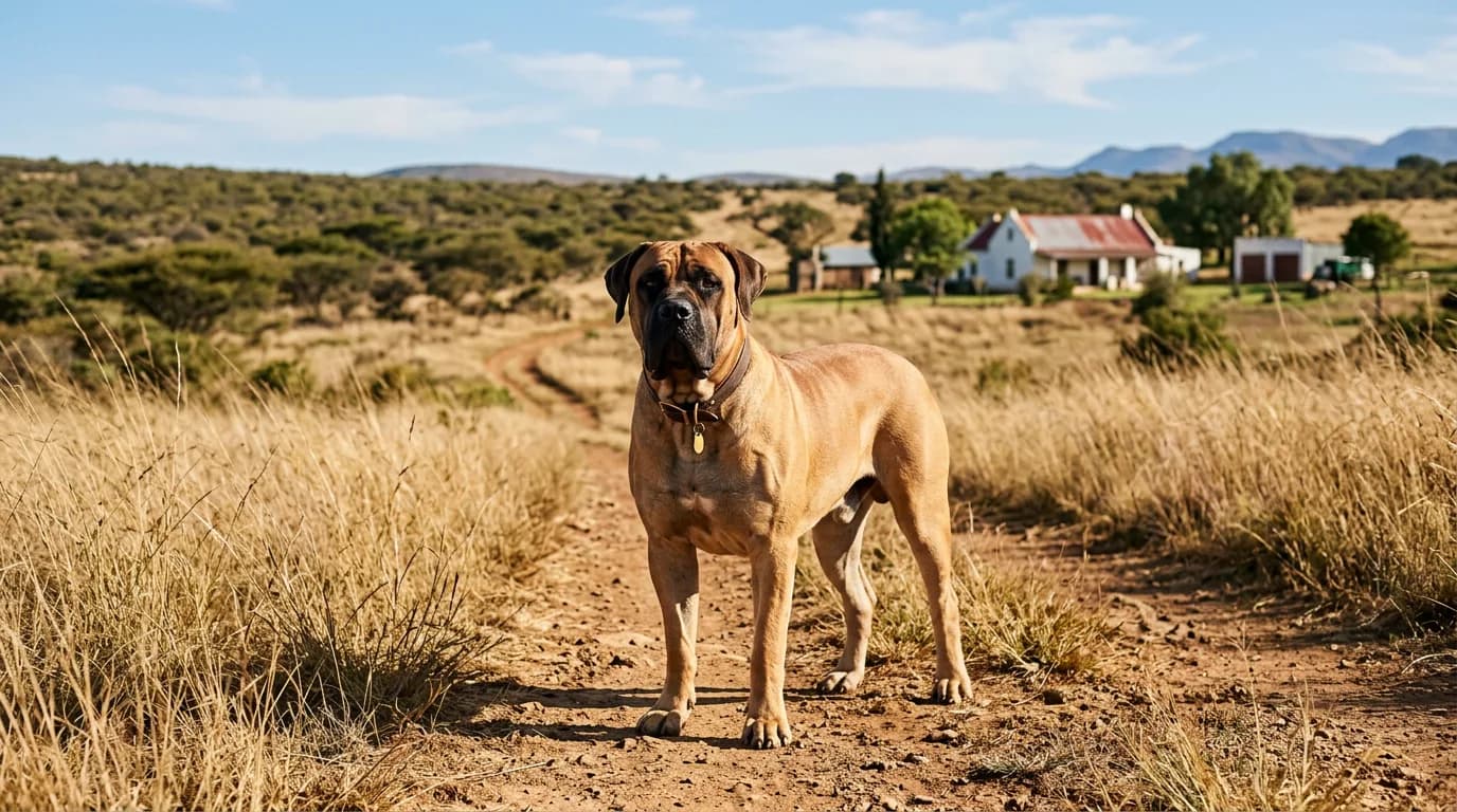 A powerfully muscled fawn Boerboel with a black mask standing alert on a sun-lit South African farm track, full body in frame, tall grass and a distan