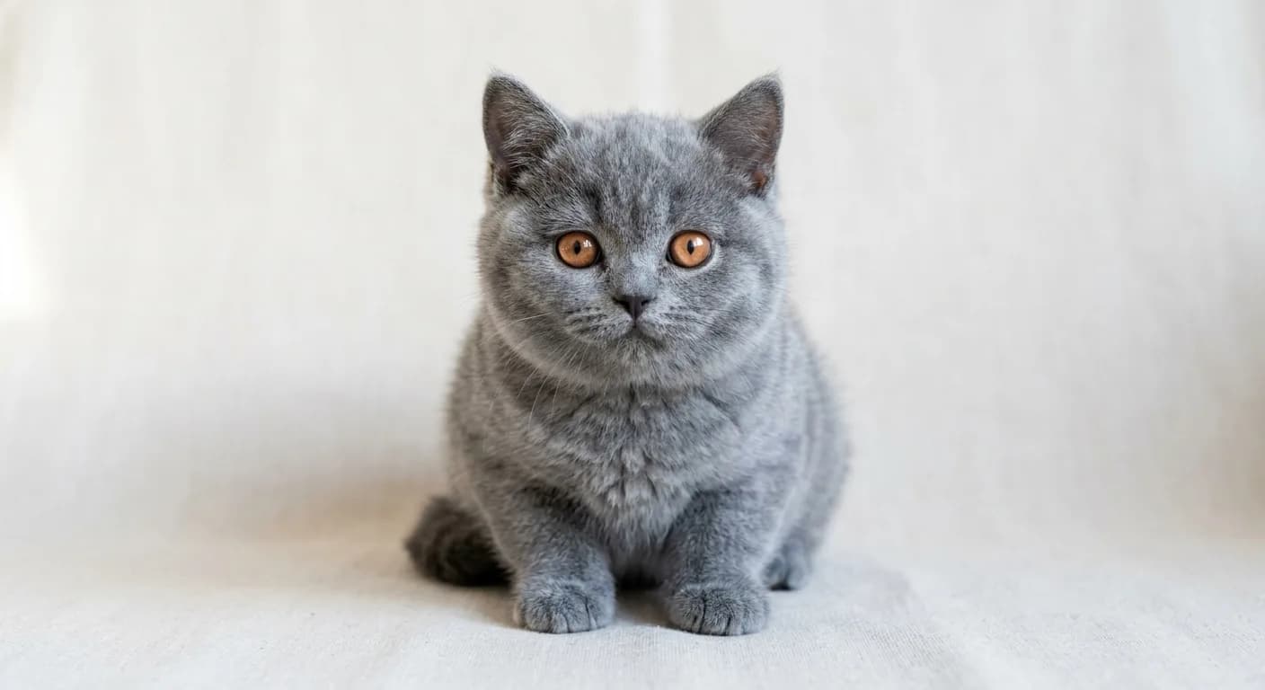 a blue British Shorthair kitten on a clean light background, face centered