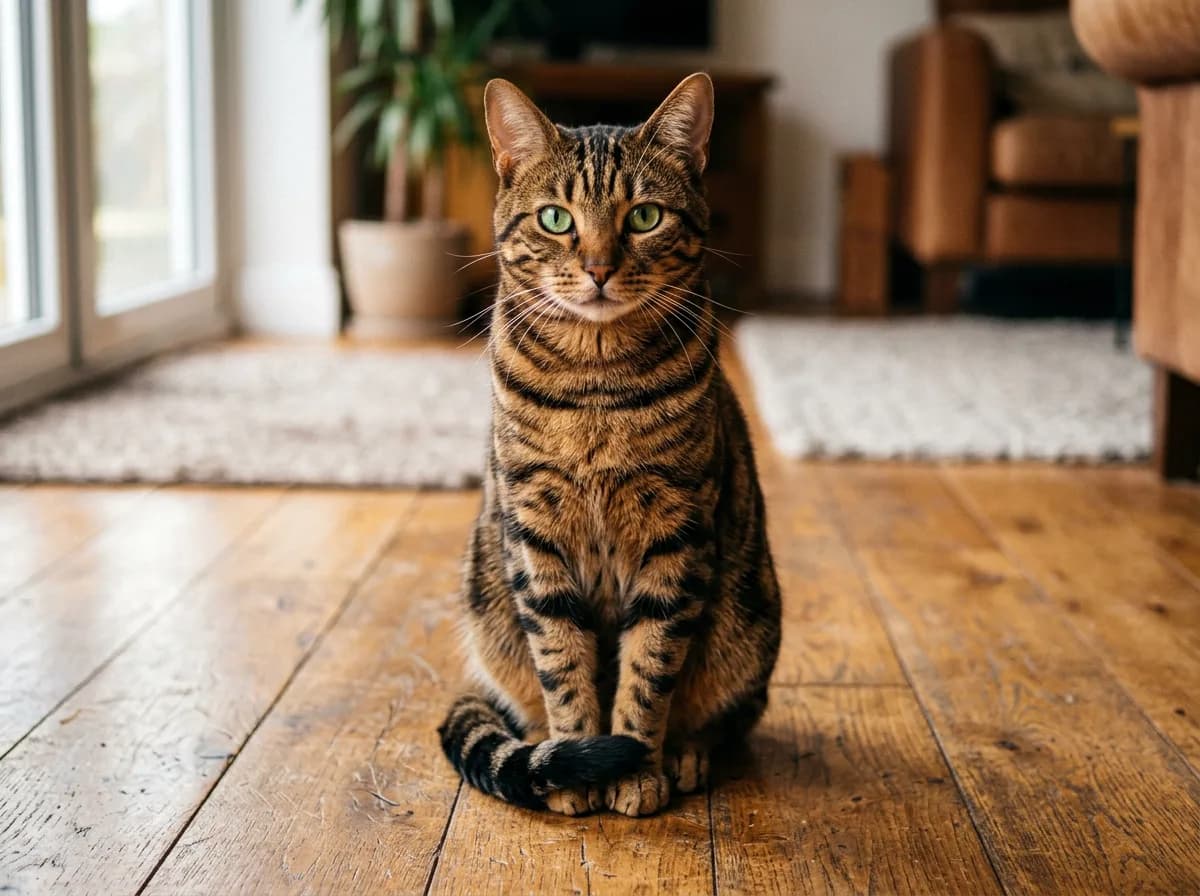 Brown mackerel tabby cat with bold black stripes over a warm coppery-brown coat, sitting upright and looking at the camera in soft natural light
