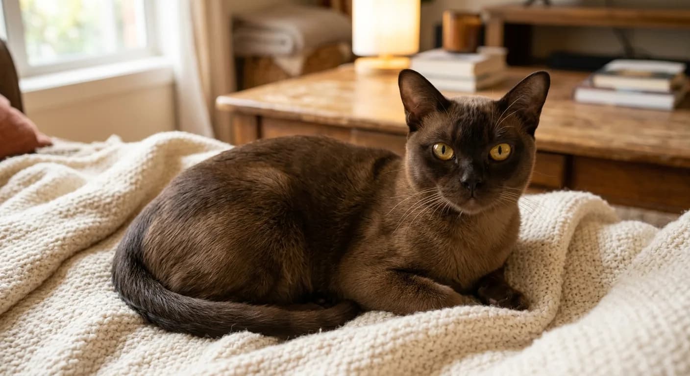 A sable Burmese cat with a glossy solid dark sable-brown coat, a rounded muscular body, and large golden-yellow eyes resting on a cream blanket