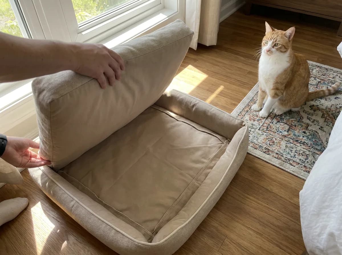 Owner lifting a pet-bed cushion to inspect the seams while a ginger-and-white cat watches nearby.