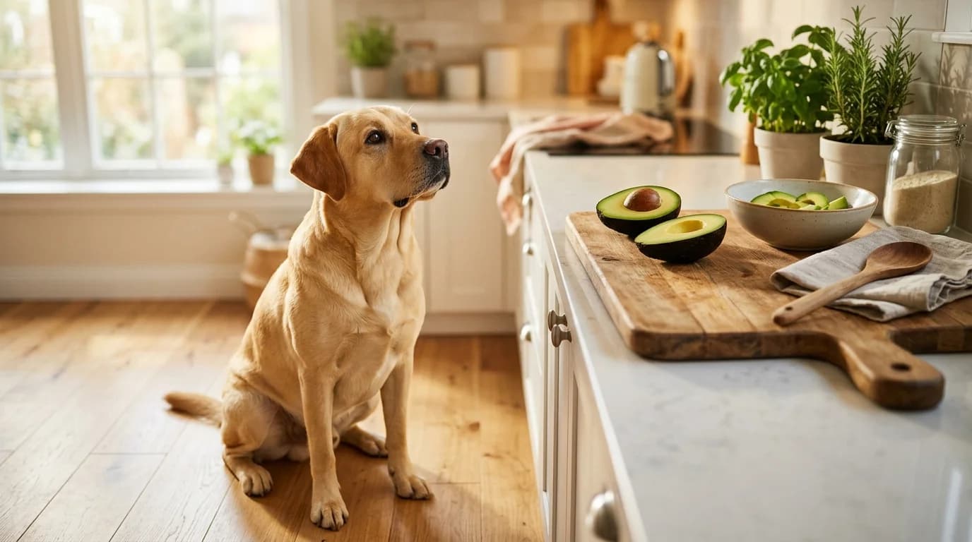 A yellow Labrador Retriever looking up at a halved fresh avocado on a kitchen counter, illustrating whether dogs can eat avocado safely