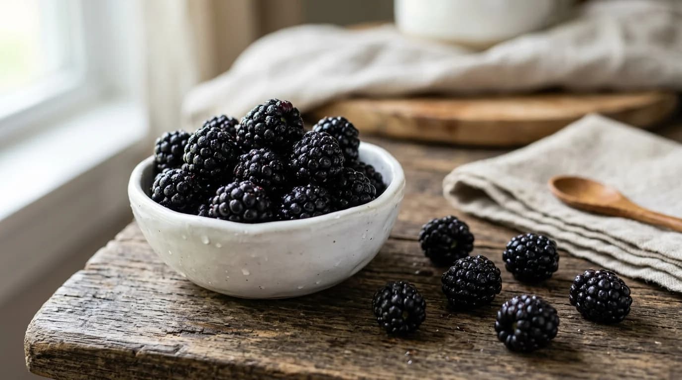 Fresh ripe blackberries in a small white ceramic bowl on a wooden surface, a low-calorie dog-safe fruit treat