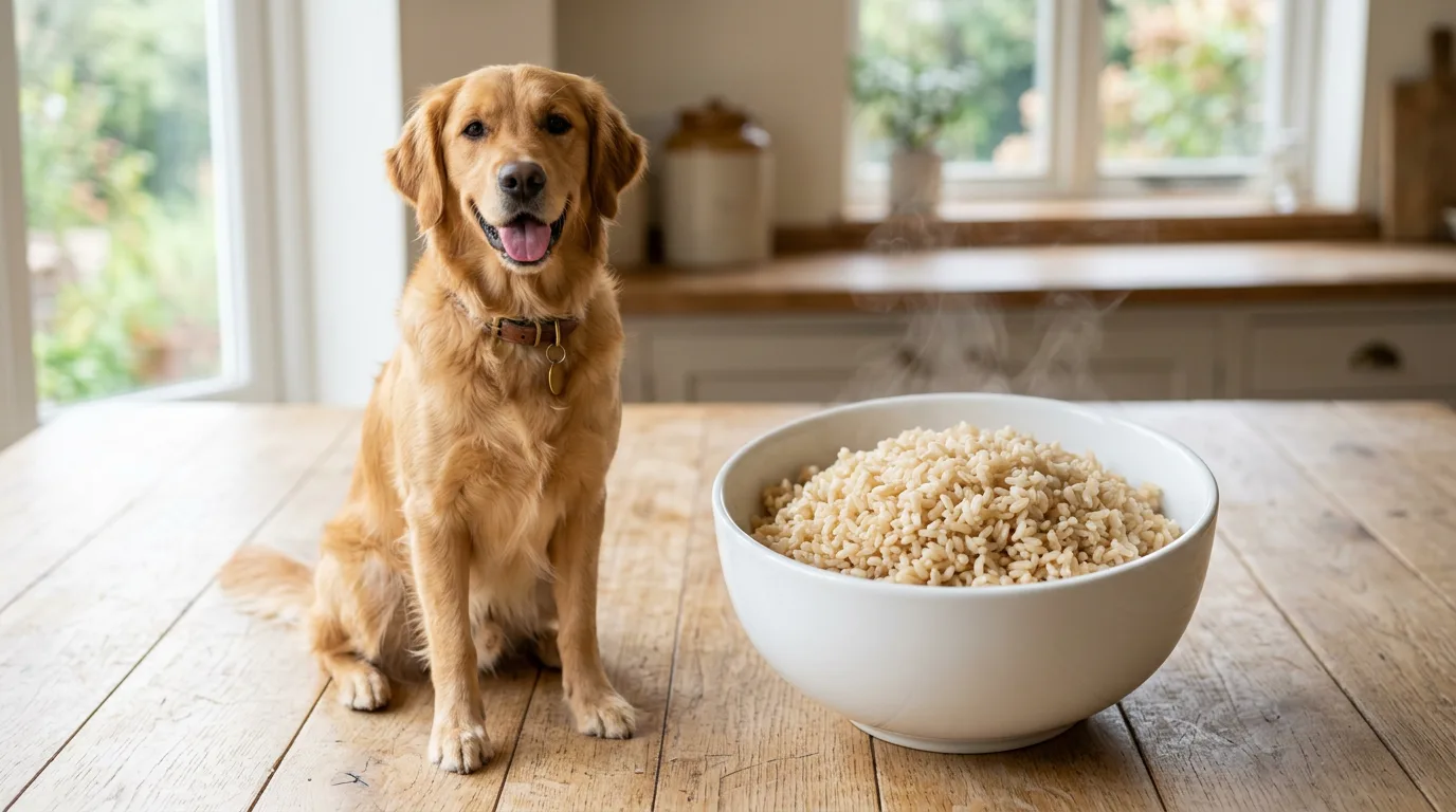 Golden retriever next to a bowl of plain cooked brown rice, illustrating that dogs can eat brown rice in moderation
