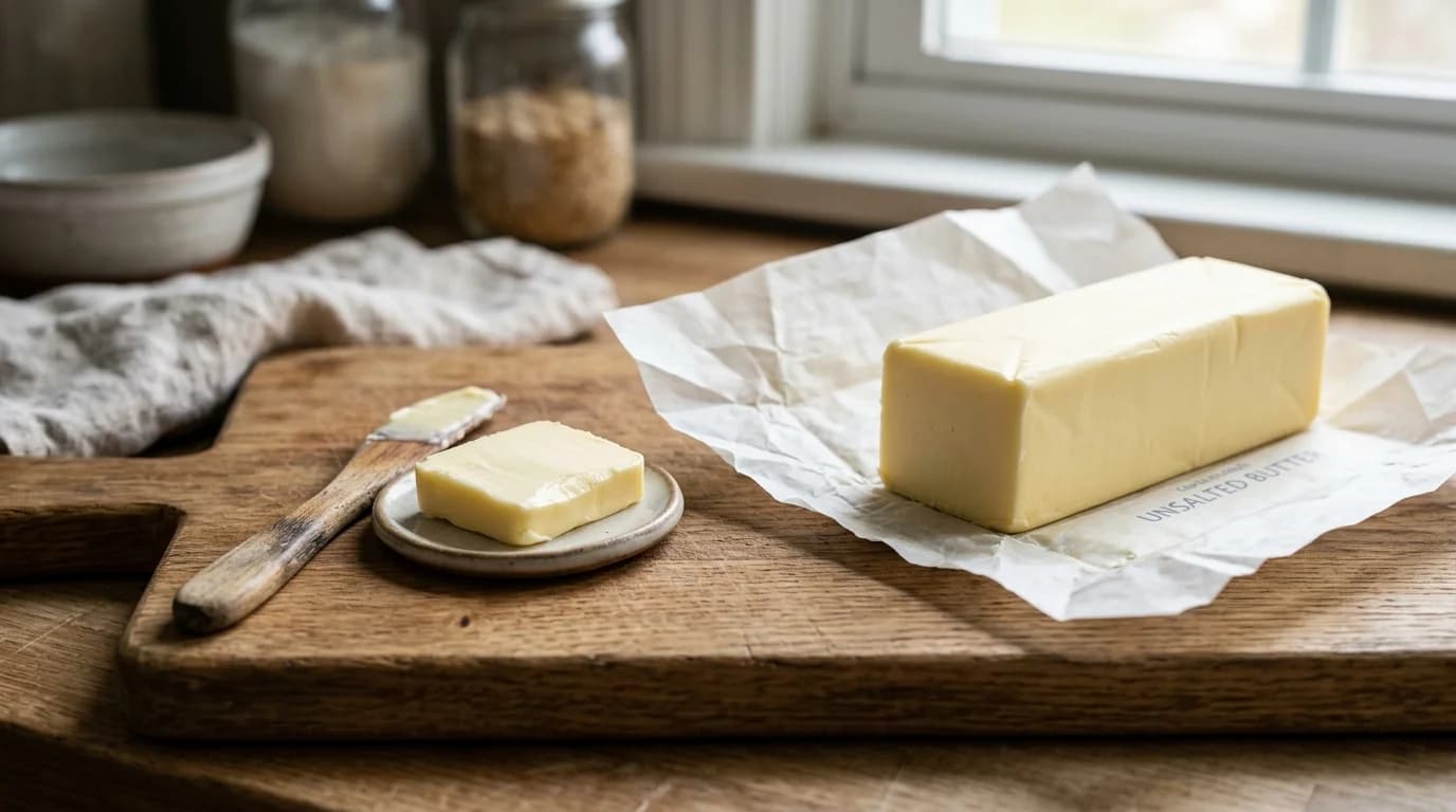 A stick of unsalted butter on parchment paper beside a sliced pat of butter, the high-fat dairy product that is not recommended for dogs