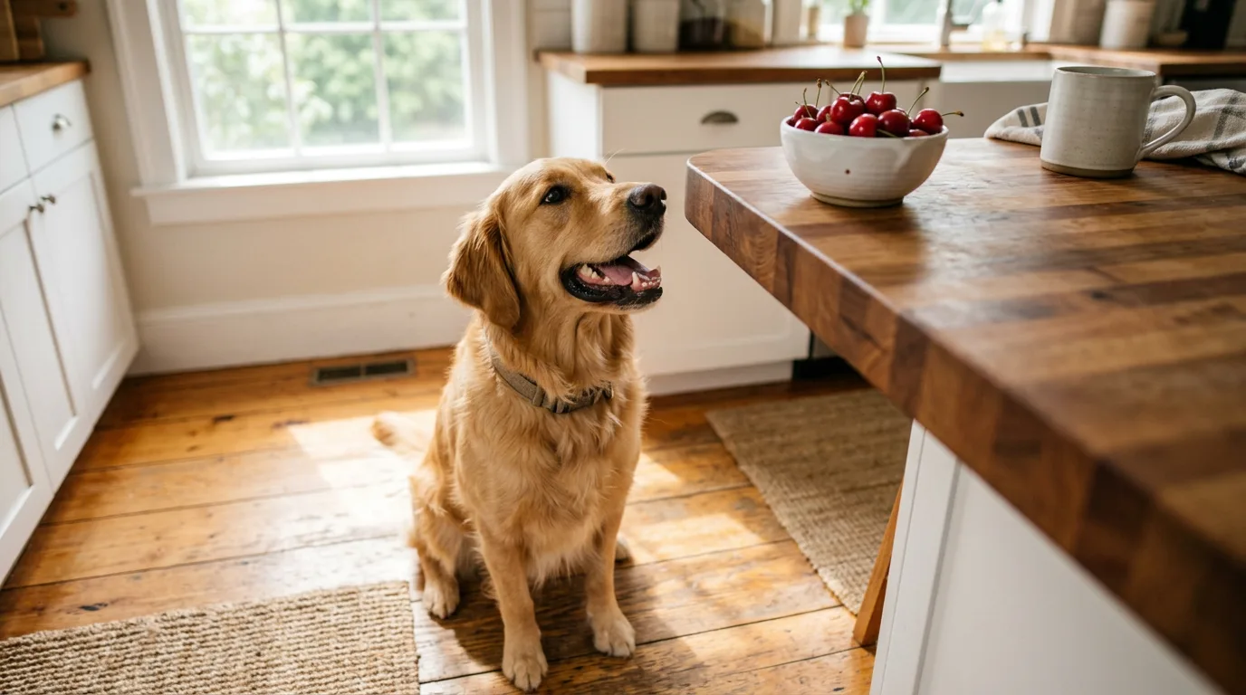 Golden retriever looking at a bowl of fresh cherries, illustrating whether dogs can eat cherries safely