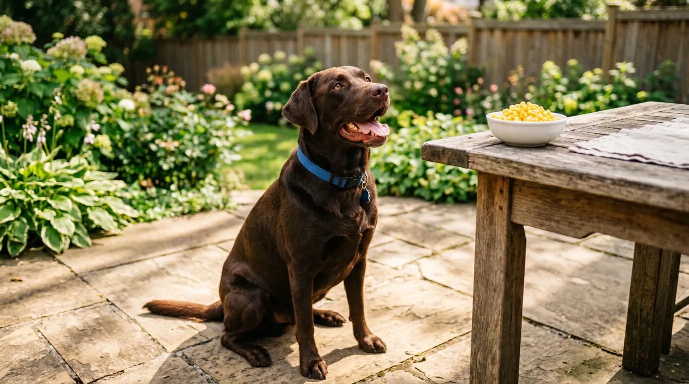 Chocolate Labrador looking at a bowl of plain cooked corn kernels, illustrating whether dogs can eat corn safely