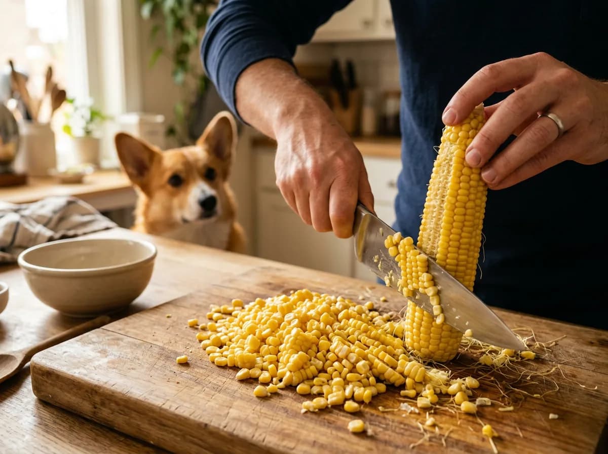 Hands slicing corn kernels off the cob with a corgi watching, showing safe corn preparation for dogs
