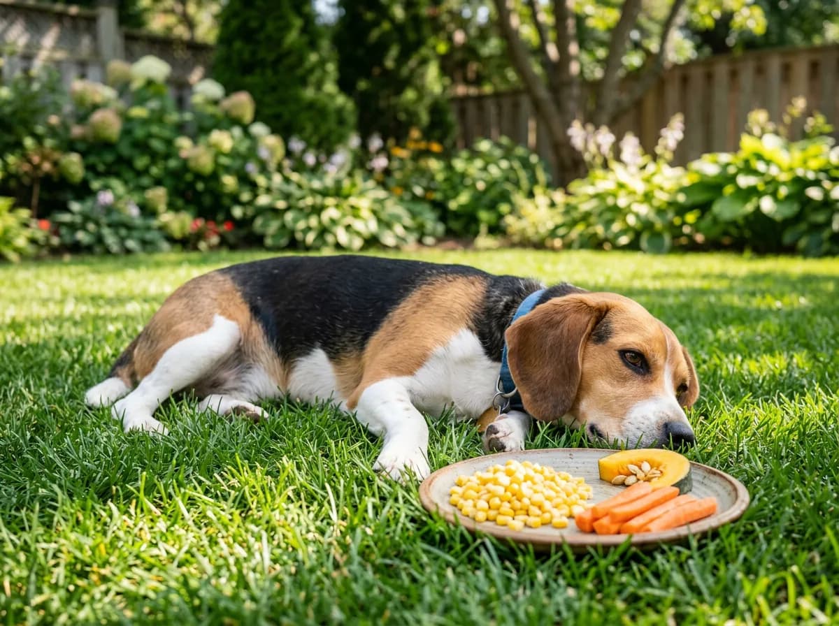 Beagle beside a plate of plain corn kernels with carrots and pumpkin as safer vegetable treats for dogs