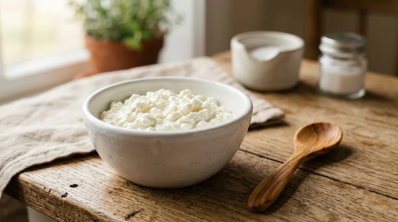 A small white ceramic bowl of plain low-fat cottage cheese with a wooden spoon, the safe dairy snack for dogs in moderation