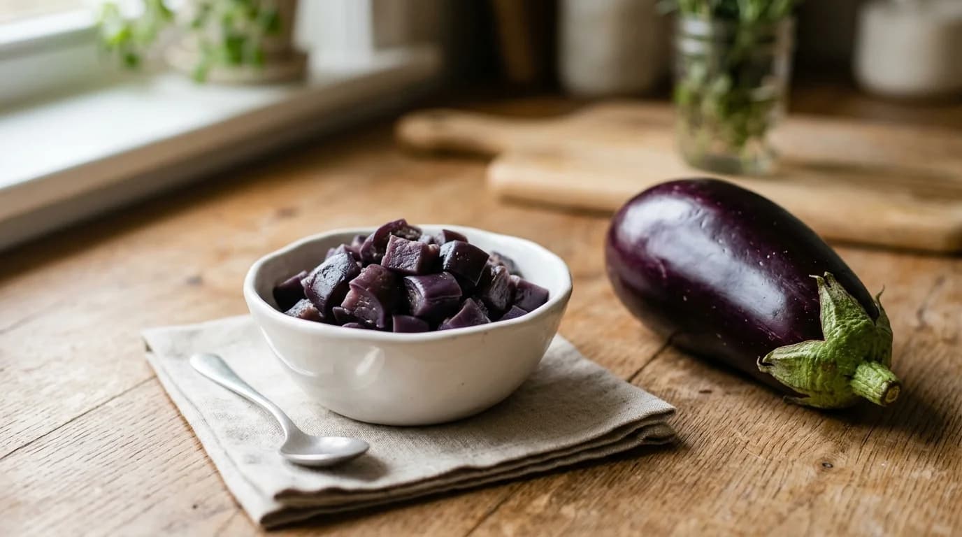 Plain steamed eggplant cubes in a small white ceramic bowl beside a whole fresh purple eggplant, the safe preparation for dogs