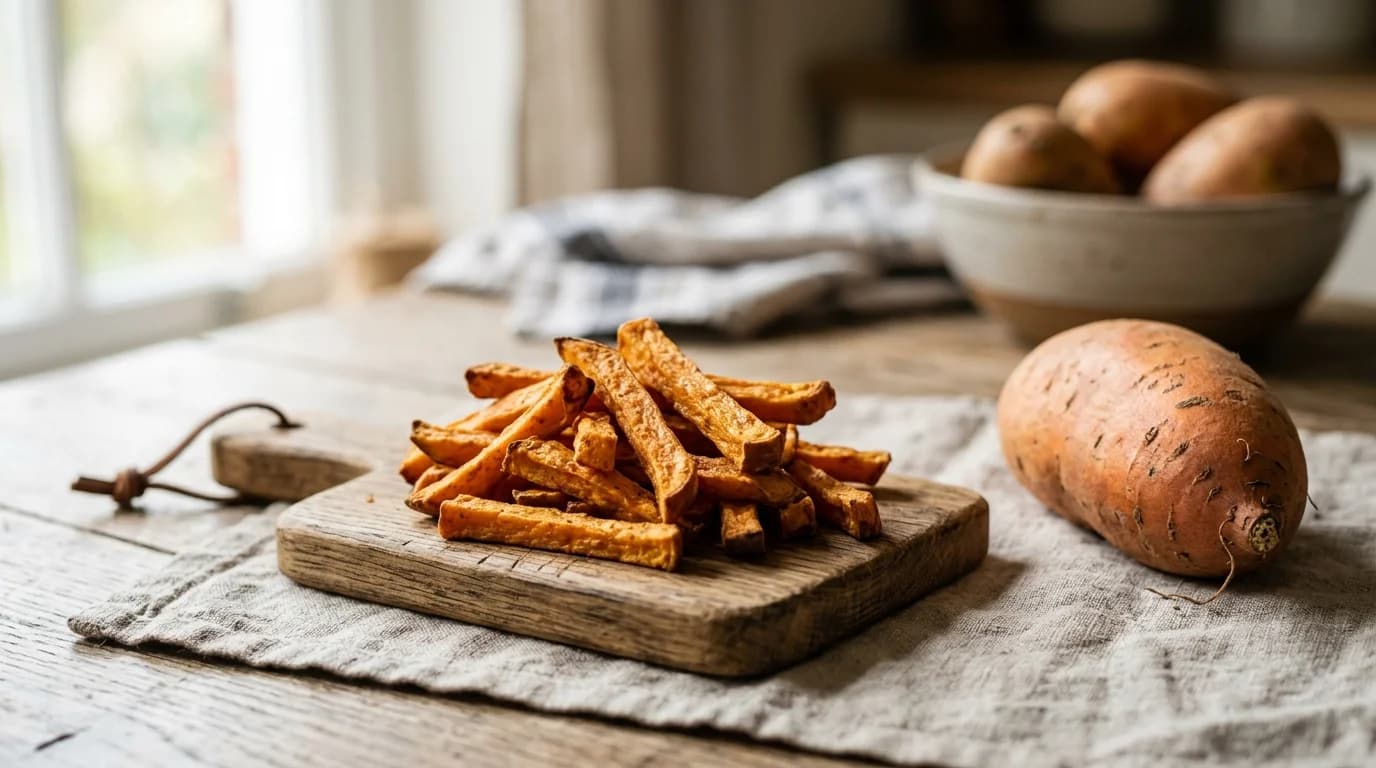 Plain baked sweet potato fries on a wooden board beside a fresh sweet potato, the healthier homemade alternative to fast-food french fries for dogs