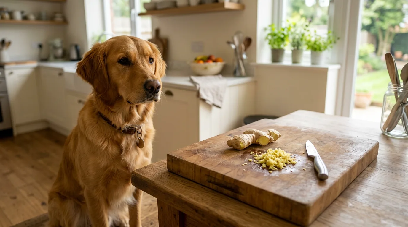 Golden retriever next to fresh ginger root, illustrating that dogs can eat ginger in small amounts