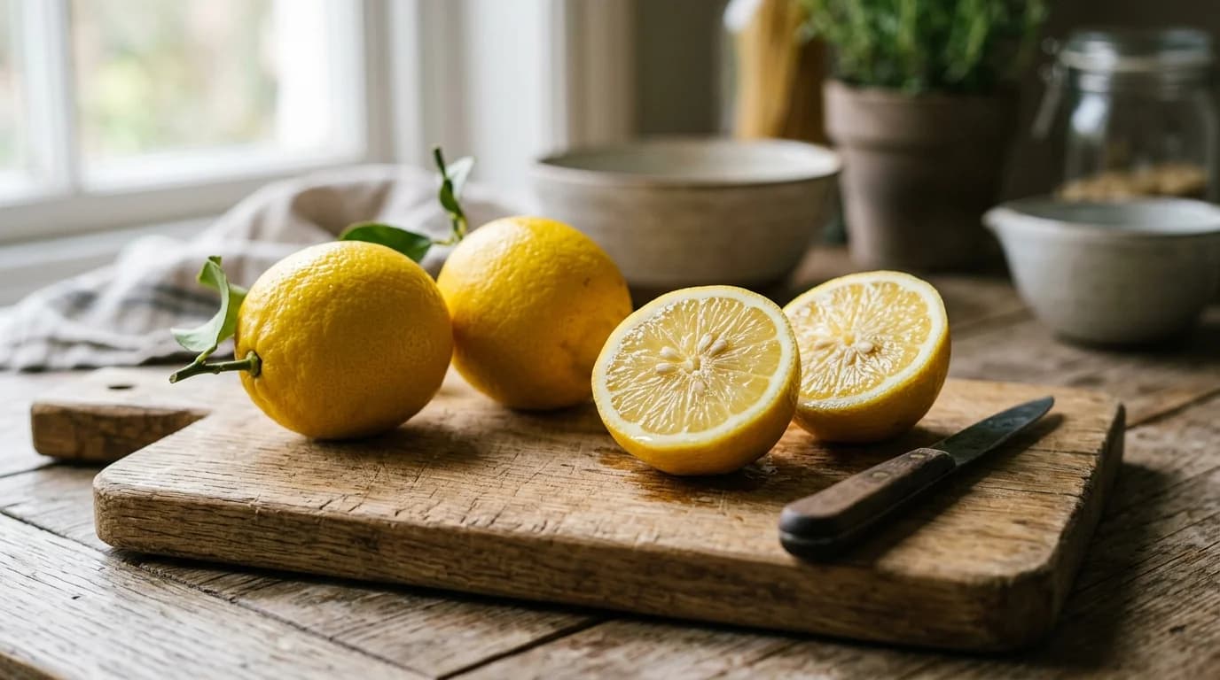 Two whole yellow lemons and a sliced lemon on a wooden cutting board, the sour citrus fruit that is not safe for dogs to eat