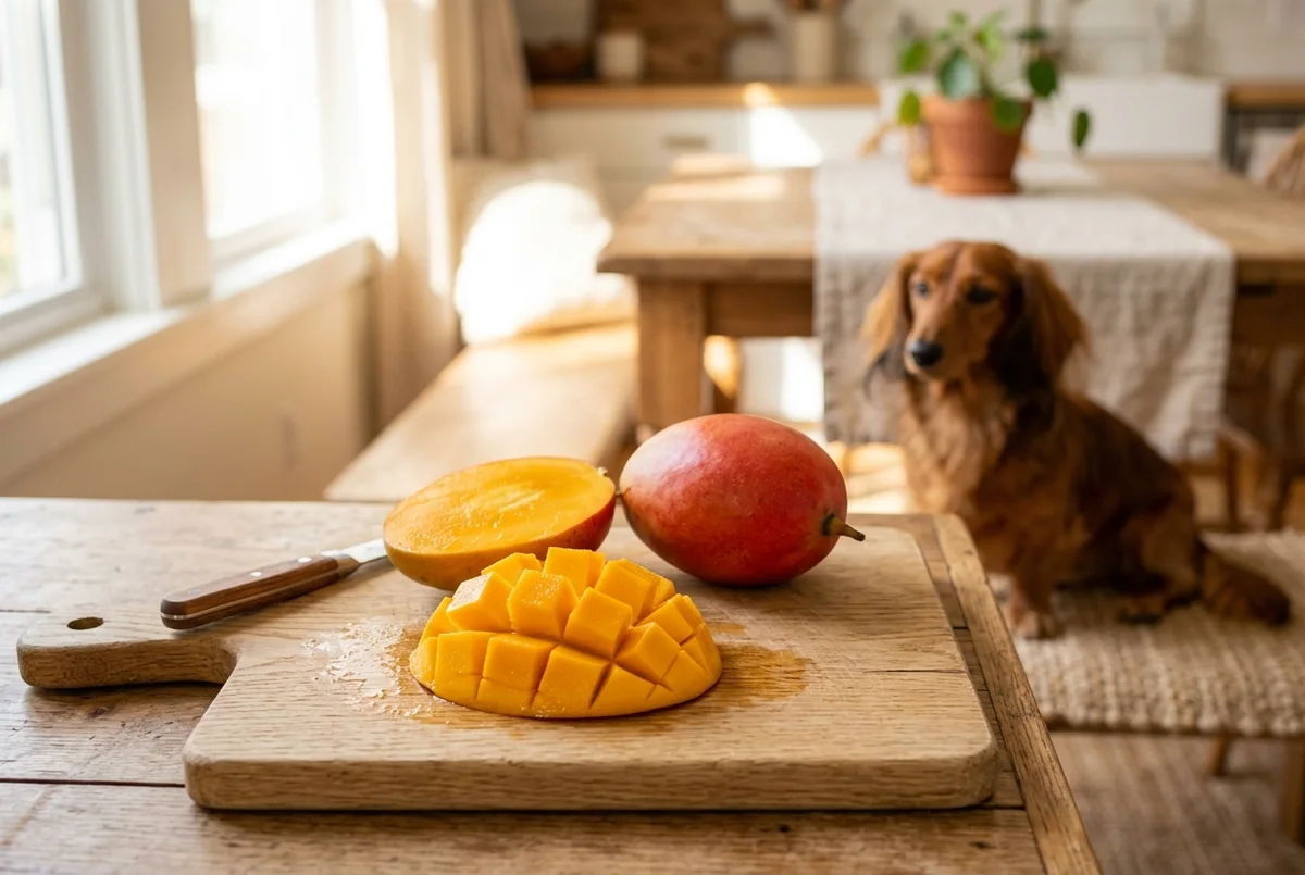Fresh ripe mango cut into bite-size cubes on a cutting board with a happy dog waiting nearby, a safe mango treat for dogs