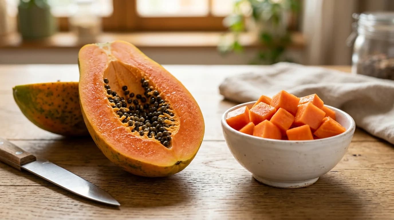 Cross-section of fresh ripe orange papaya fruit beside a small bowl of diced papaya cubes, a vet-approved dog treat in moderation