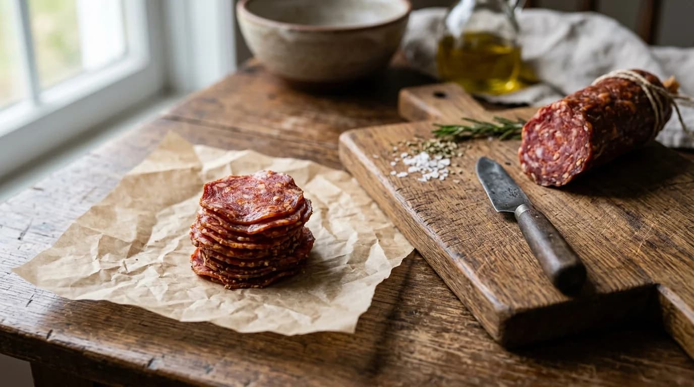 A small stack of cured pepperoni slices on parchment paper, the high-sodium salty meat that is not safe for dogs to eat
