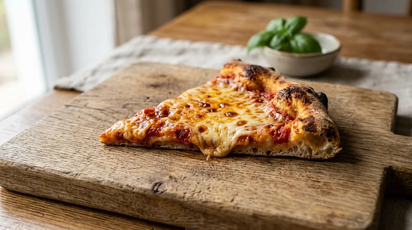 A single slice of plain margherita pizza on a wooden cutting board, the human food that is risky for dogs because of cheese fat and seasonings
