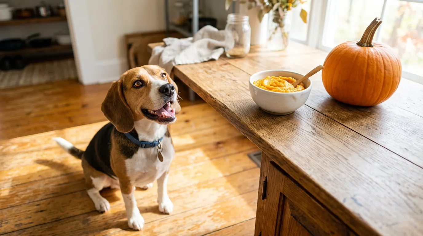 Beagle looking up at a bowl of plain cooked pumpkin, illustrating whether dogs can eat pumpkin safely