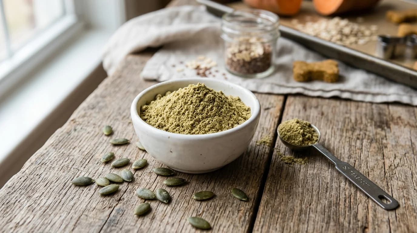 Small white ceramic bowl of ground pumpkin seed powder with whole pepitas scattered nearby, the safe preparation for dogs