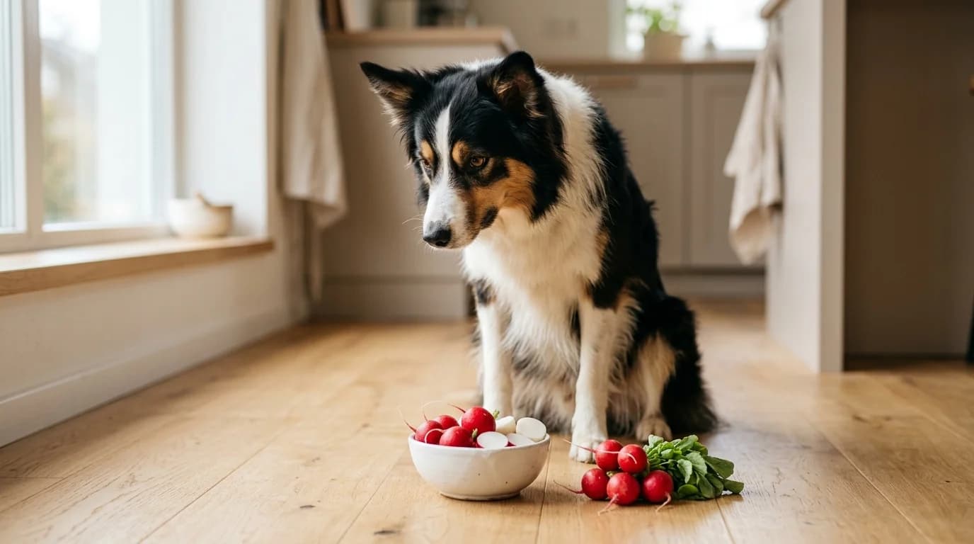 Border collie sitting in a bright kitchen looking curiously at a white ceramic bowl of fresh red radishes and sliced daikon