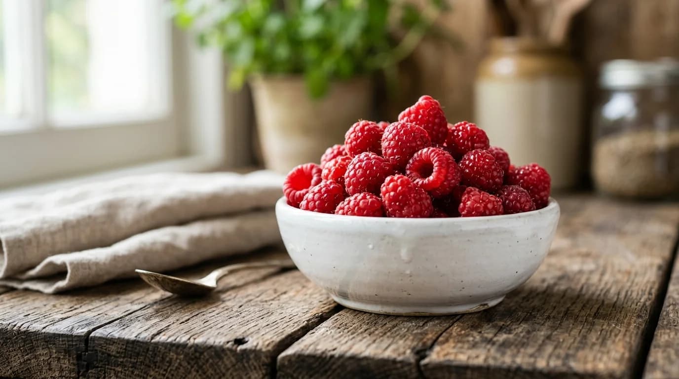 A small white ceramic bowl of fresh red raspberries on a wooden surface, the low-sugar antioxidant berry safe for dogs in moderation