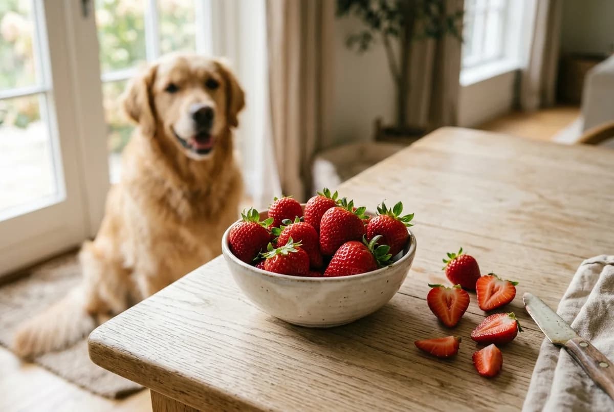 Fresh ripe strawberries in a bowl with a happy dog in the background, a safe fruit treat for dogs