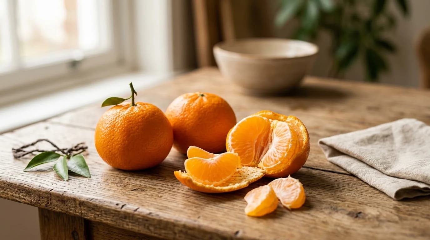 Two whole tangerines and a peeled tangerine showing bright orange segments on a wooden surface, the citrus fruit dogs can have in small amounts