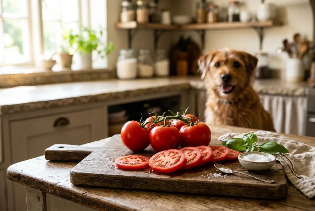 Ripe red tomatoes on a cutting board with a happy dog looking on, illustrating whether dogs can eat tomatoes safely