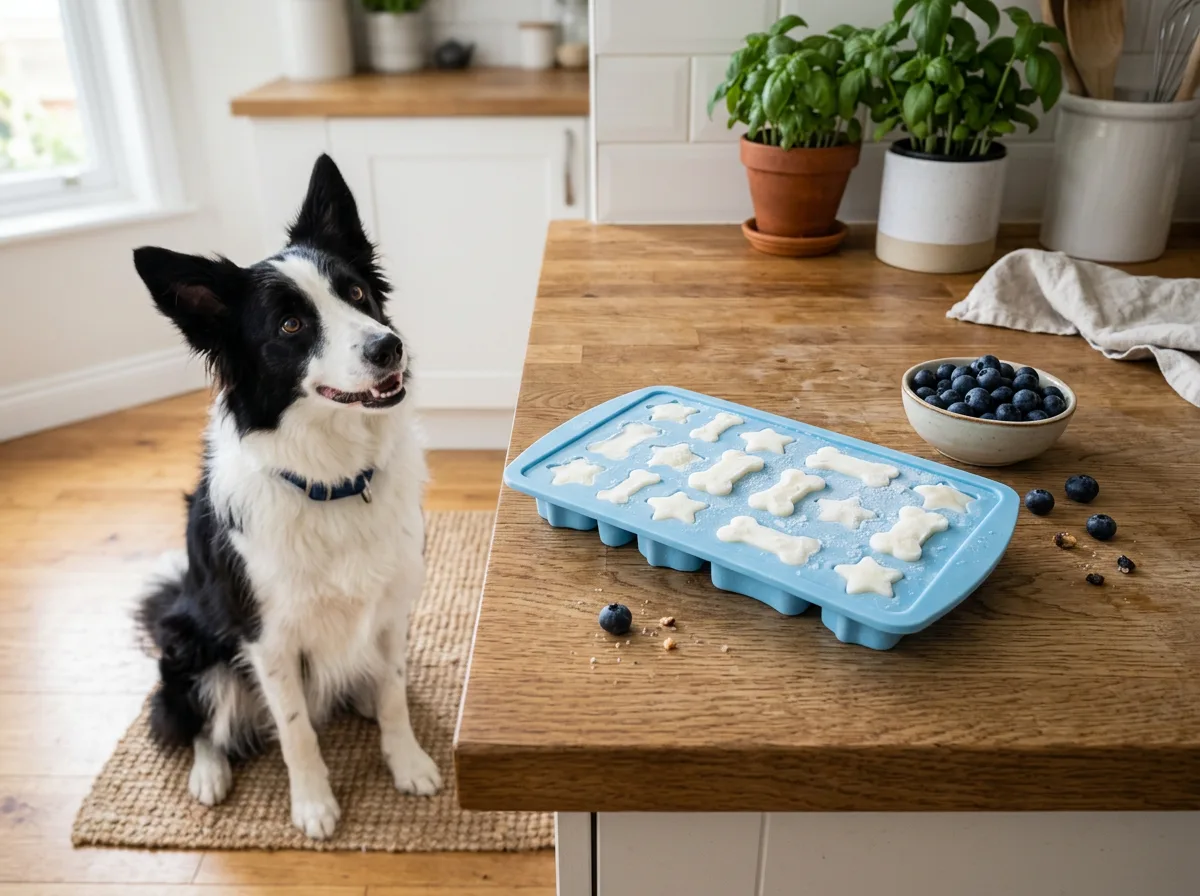 Homemade frozen yogurt treats in an ice cube tray with a border collie nearby
