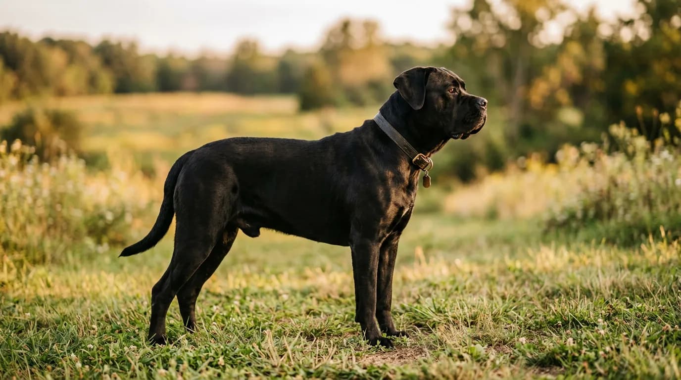 An adult black Cane Corso standing alert in profile on a grassy field, powerful muscular build with natural drop ears, warm late-afternoon light, shal