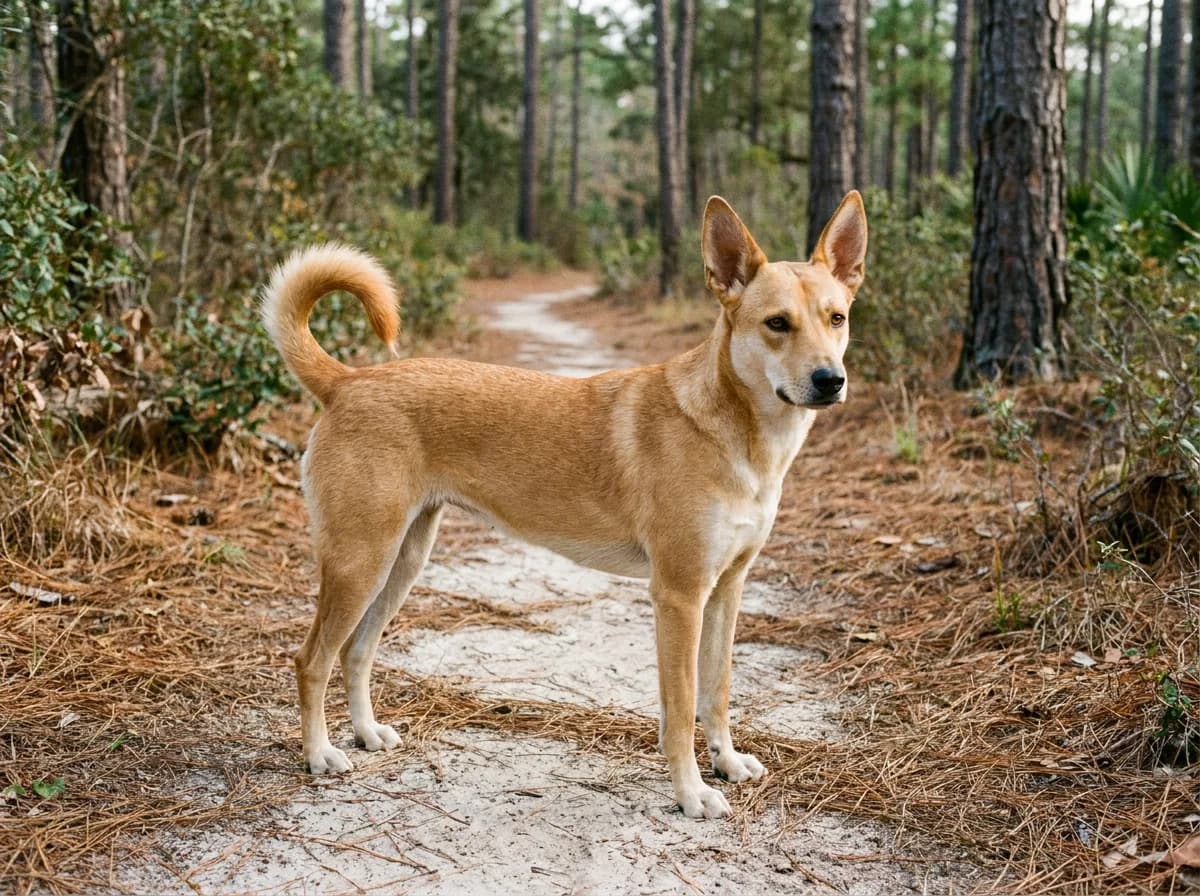 Adult ginger Carolina Dog standing on a wooded trail with alert upright ears