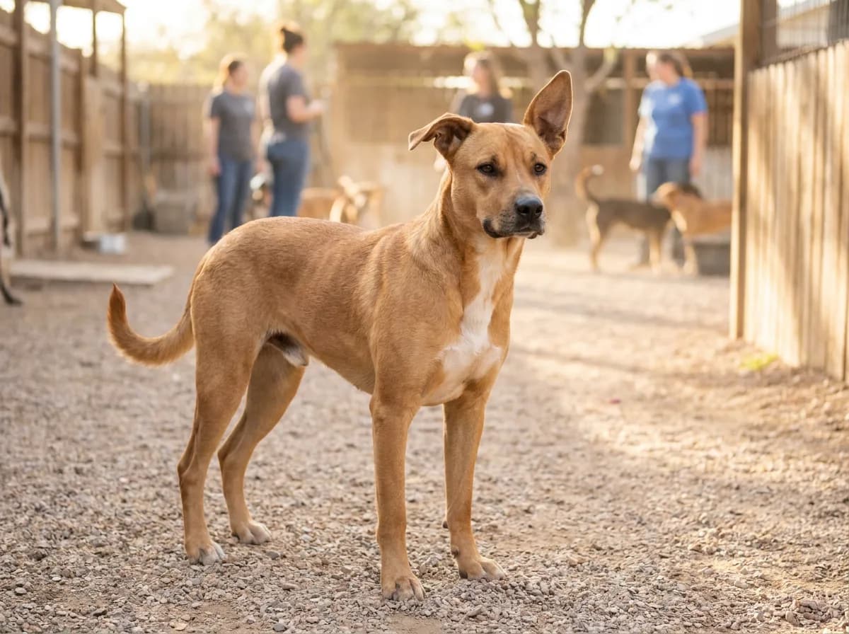 Tan mixed dog with one upright ear standing on gravel in a fenced yard with people and dogs behind it
