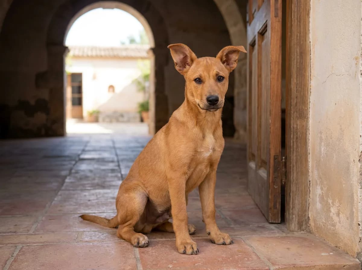 Tan Carolina Dog puppy sitting on terracotta tiles beside a wooden door under a stone archway