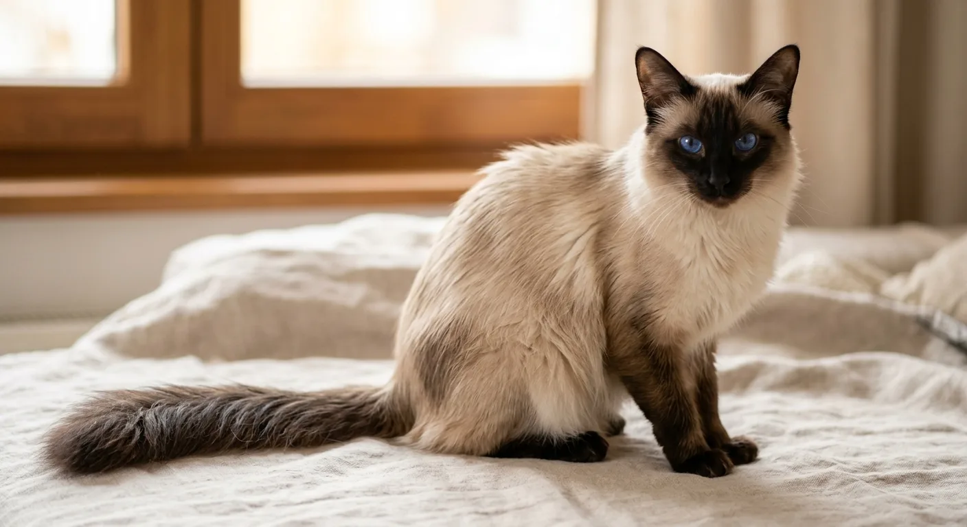 A seal-point Balinese cat with sapphire-blue eyes and a flowing silky semi-long coat sitting gracefully on a linen surface, its long plumed tail draped to the side