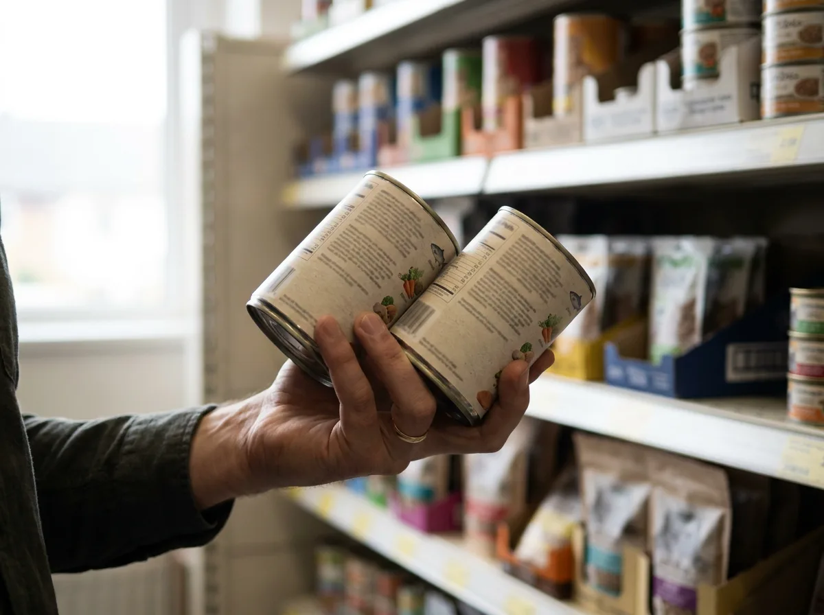 Hands holding two cat food cans in a pet-food aisle.