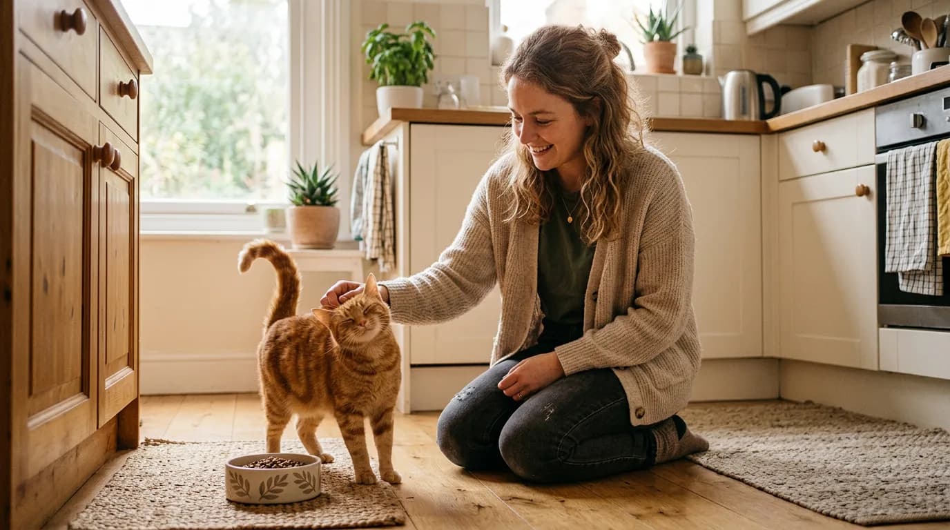 A cat sitter kneeling on a kitchen floor gently petting an orange tabby cat rubbing against her hand beside a food bowl