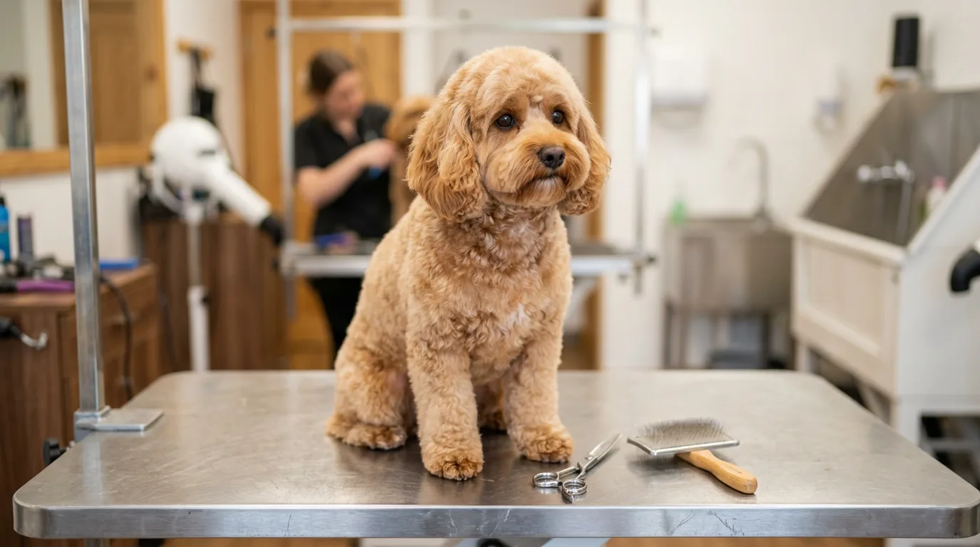 Freshly groomed apricot Cavapoo in a rounded teddy bear cut sitting on a groomer's table beside scissors and a slicker brush