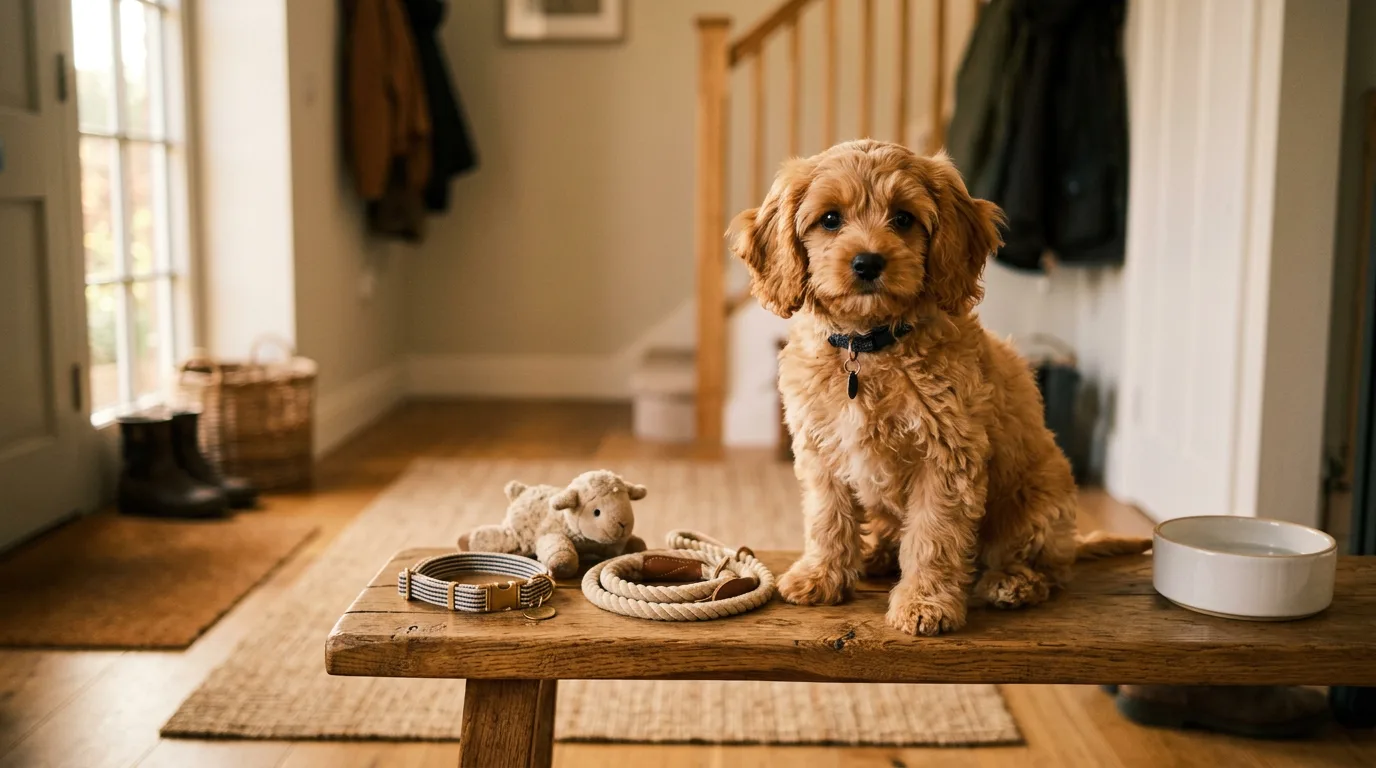 Apricot Cavapoo puppy sitting on a wooden entryway bench beside a new leash, collar, and toy on its first day in a new home