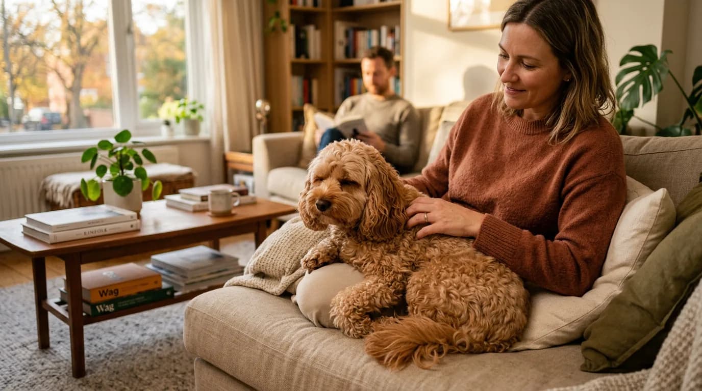 Apricot Cavapoo curled on its owner's lap on a sofa, leaning into her hand while a family member sits nearby