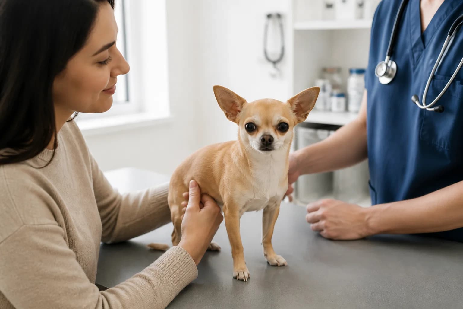 Adult Chihuahua calmly standing on a veterinary exam table with owner present