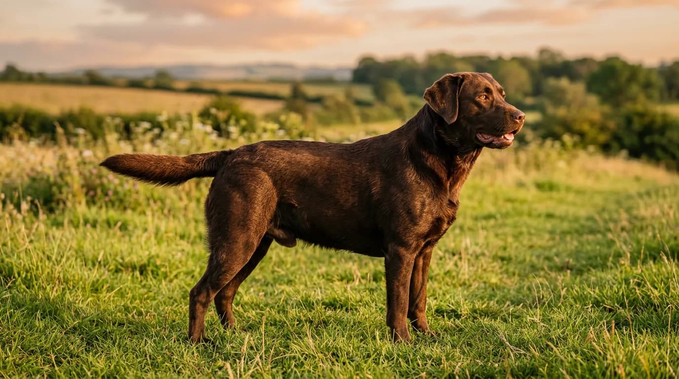 a rich, glossy chocolate Labrador Retriever standing in profile on a grassy field at golden hour, deep liver-brown coat catching the light, warm friendly e
