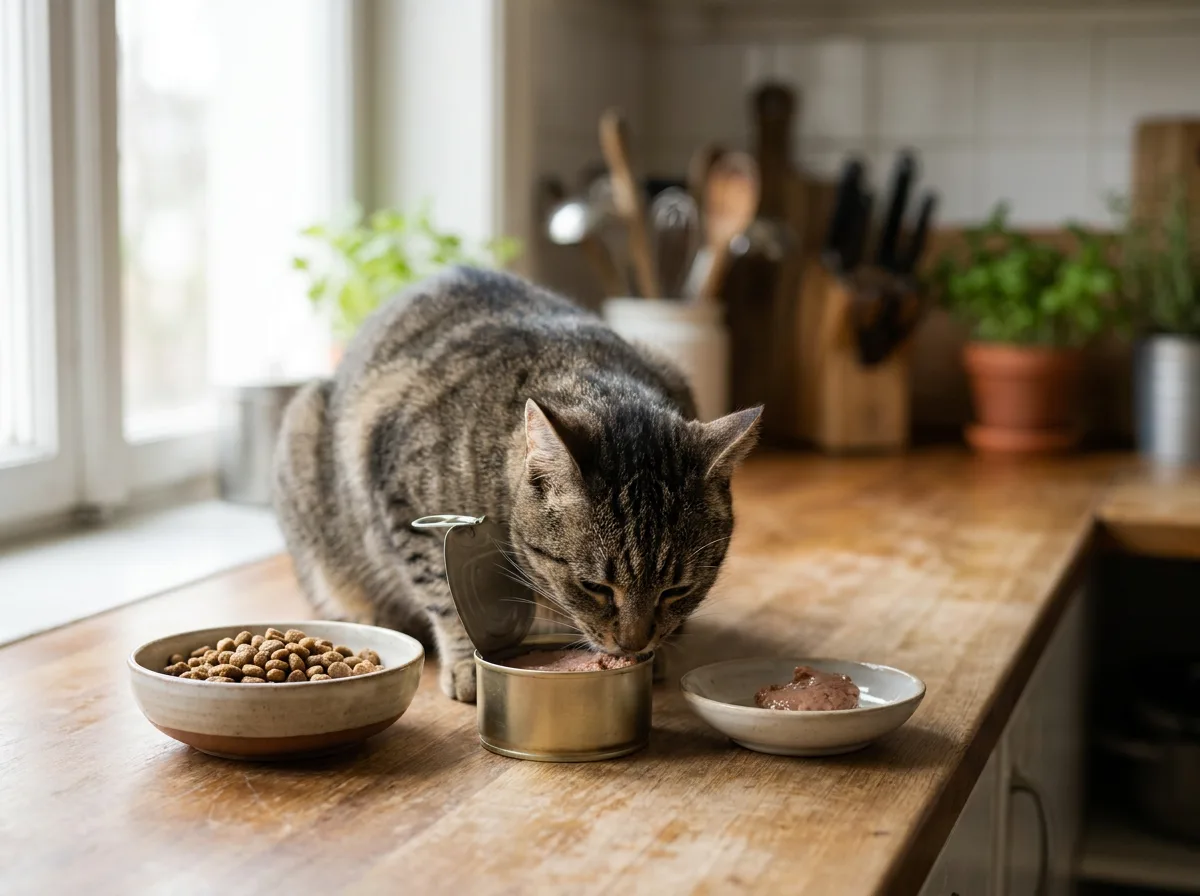 Tabby cat beside an open food can and a bowl of kibble.