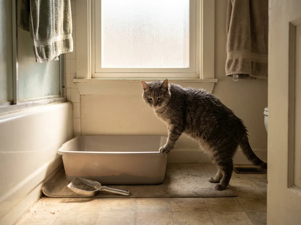 Grey cat stepping out of an open litter tray on a bathroom floor beside a scoop, in soft window light