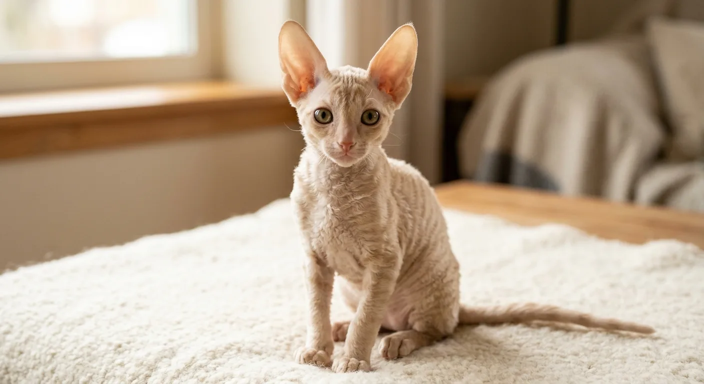 A cream Cornish Rex kitten sitting upright, showing the distinctive short wavy marcel coat, very large high-set ears, and egg-shaped head