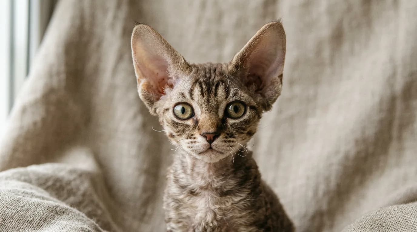 Devon Rex kitten with large low-set ears and a short wavy coat looking at the camera